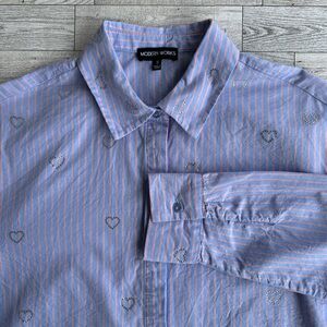 Blue & pink striped button down with heart rhinestones